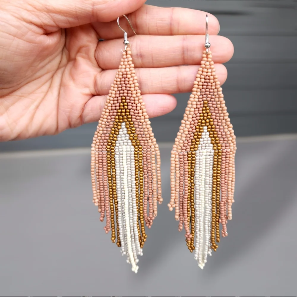 Chloe Earrings Old Rose Handmade Beaded Tribal Fringe Jewelry Dangle Pink - Picture 1 of 2